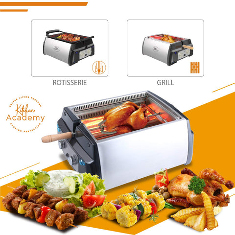 Kitchen Academy Indoor Infrared Grill, Portable Non-Stick Electric Tabletop Kitchen BBQ Grill and Rotisserie