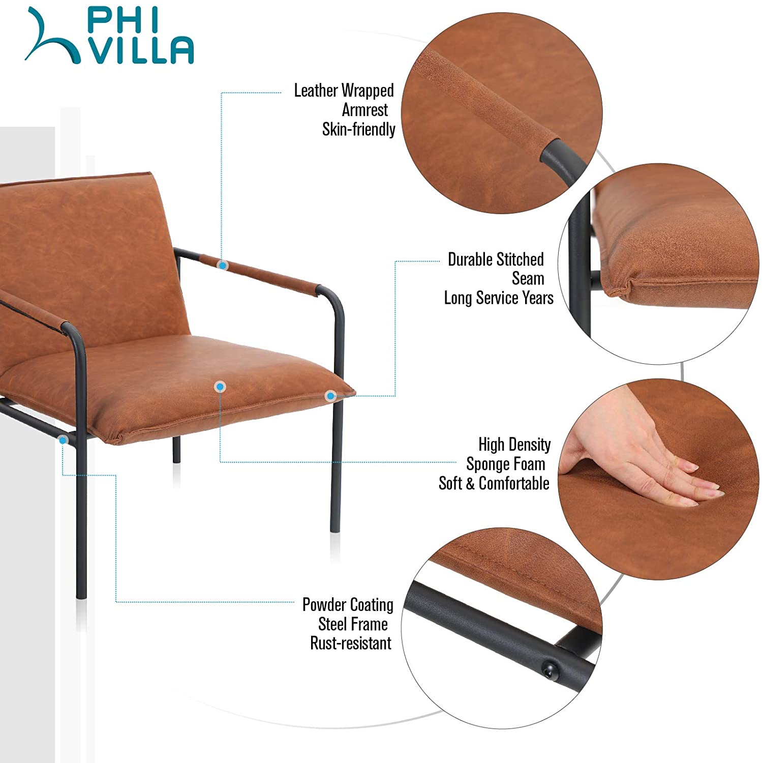 PHI VILLA Middle Back Accent Living Room Lounge Sofa Chair with Metal Legs, Brown