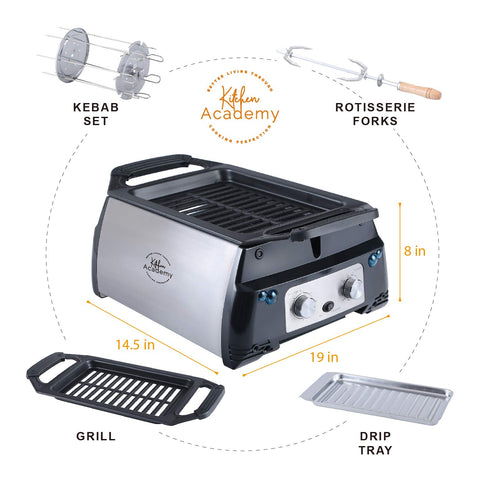 Kitchen Academy Indoor Infrared Grill, Portable Non-Stick Electric Tabletop Kitchen BBQ Grill and Rotisserie