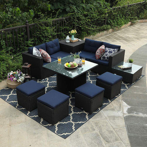 PHI VILLA 9 Piece Outdoor Sectional Patio Sofa Dining Set with Cushion Box Storage