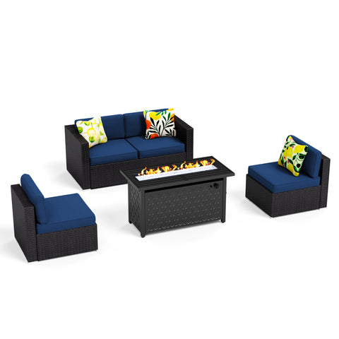PHI VILLA 5-Piece Gas Fire Pit Table 45"×23“ 50,000 BTU & Rattan Wicker Sectional Sofa Set