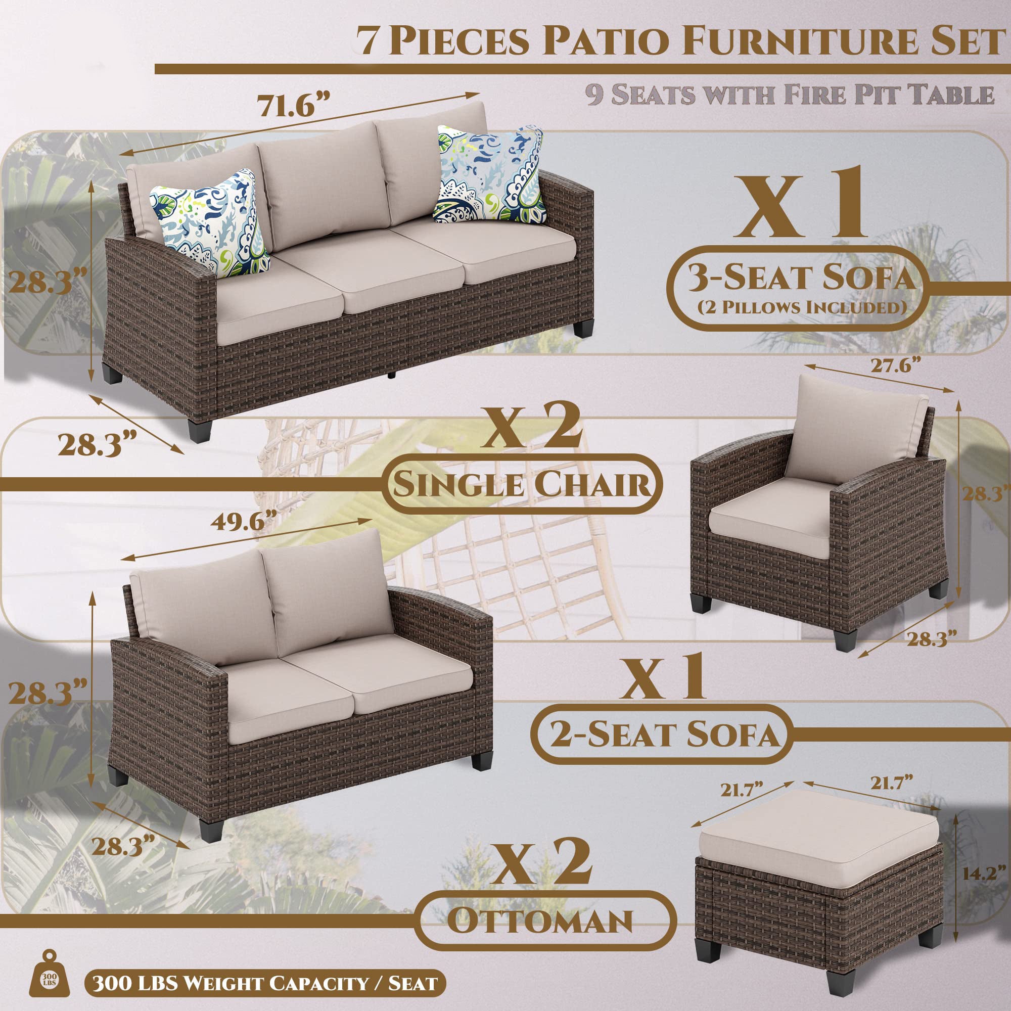 MFSTUDIO Thick-cushion Patio Rattan Sofa Set with Rattan Fire Pit Table
