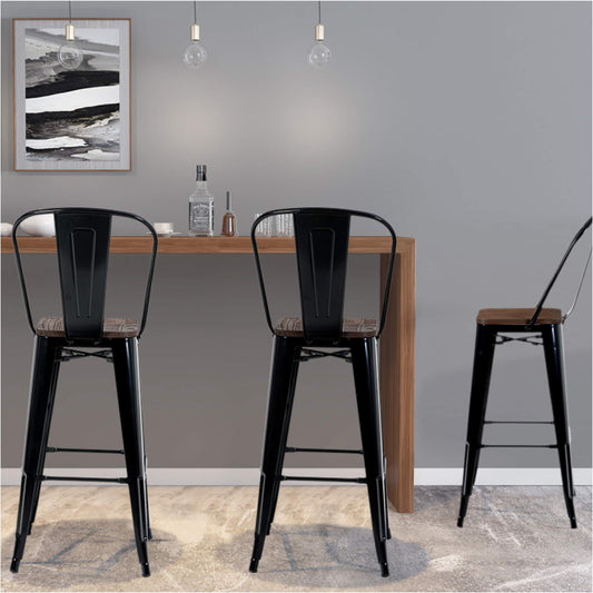 ALPHA HOME 30" High Back Bar Stools with Wood Seat, Set of 4