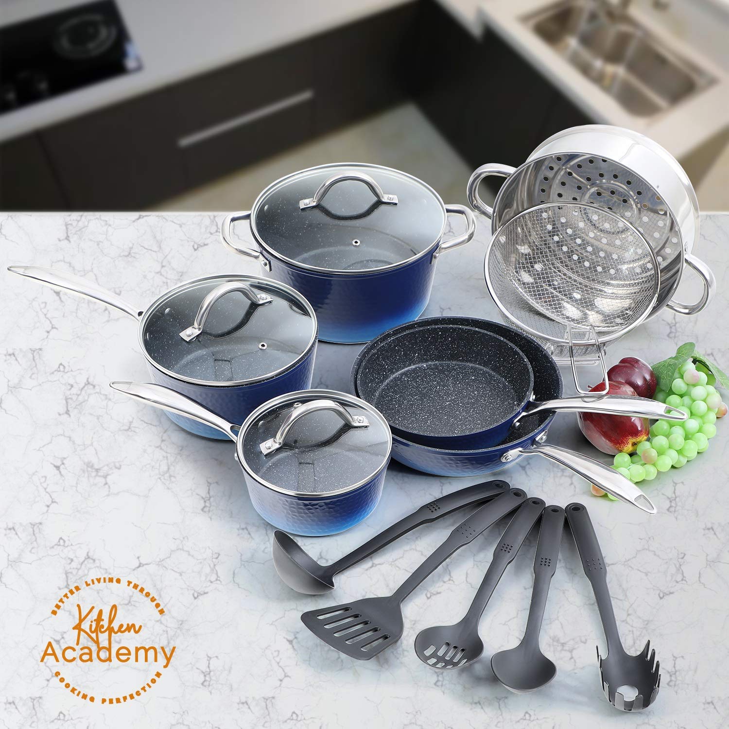 Induction Kitchen Cookware Sets Nonstick - Granite Hammered Pan Set 15 Piece, Dishwasher Safe Cooking Pots and Pans Set