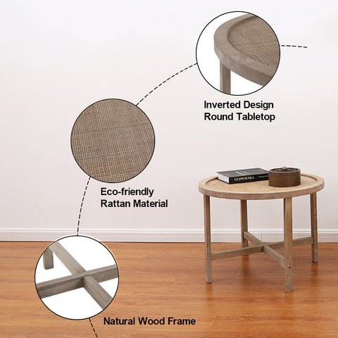 PHI VILLA Rattan Side Table, Wood Frame End Table for Living Room