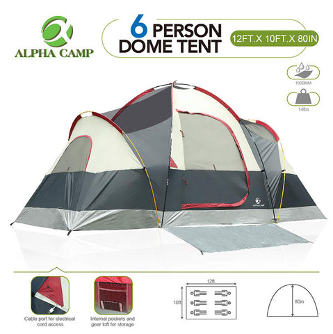 ALPHA CAMP Red 6 Person Camping Tent Extended Dome Design