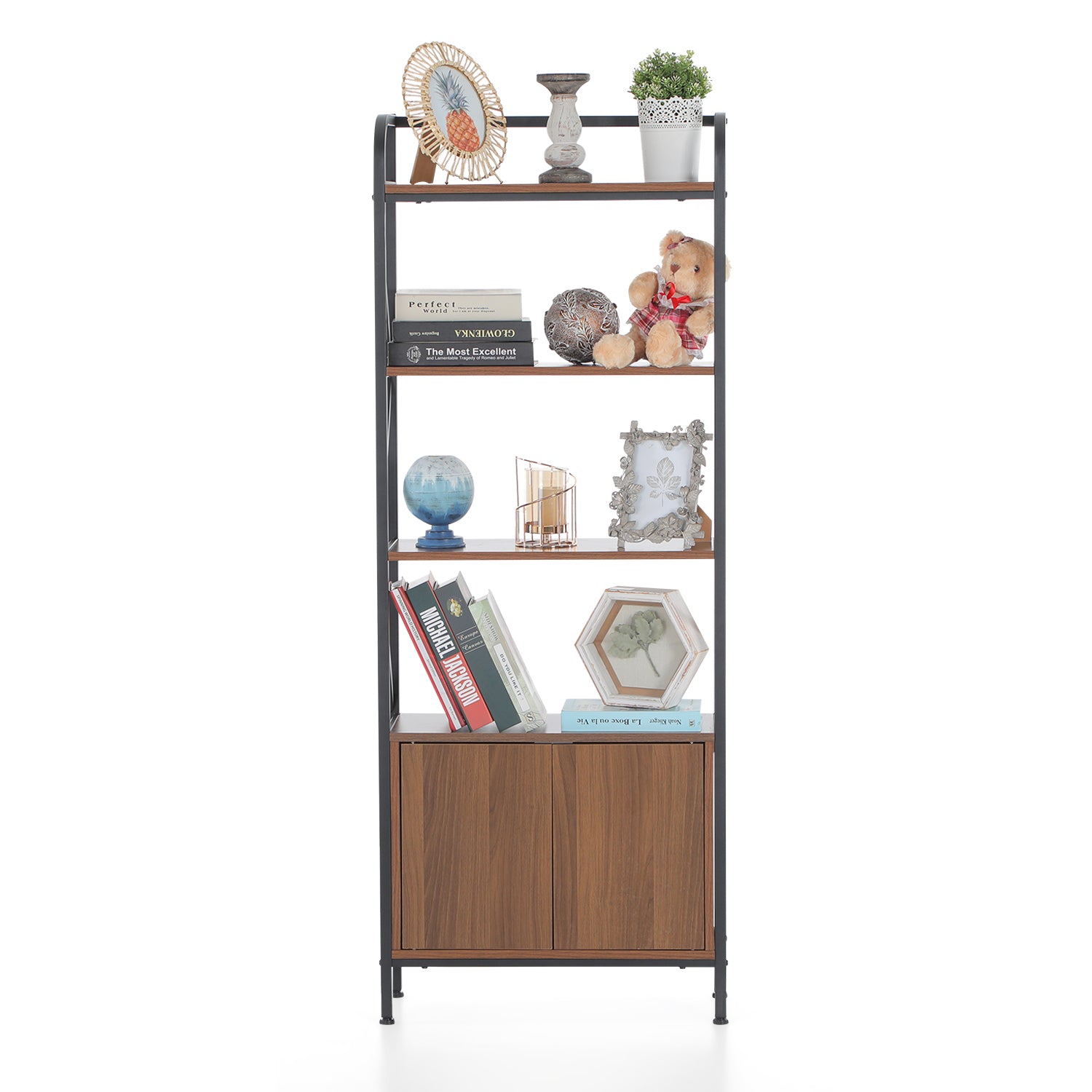 PHI VILLA 4 Tier Tall Bookshelf with Storage Cabinet Industrial Bookcase for Home and Office