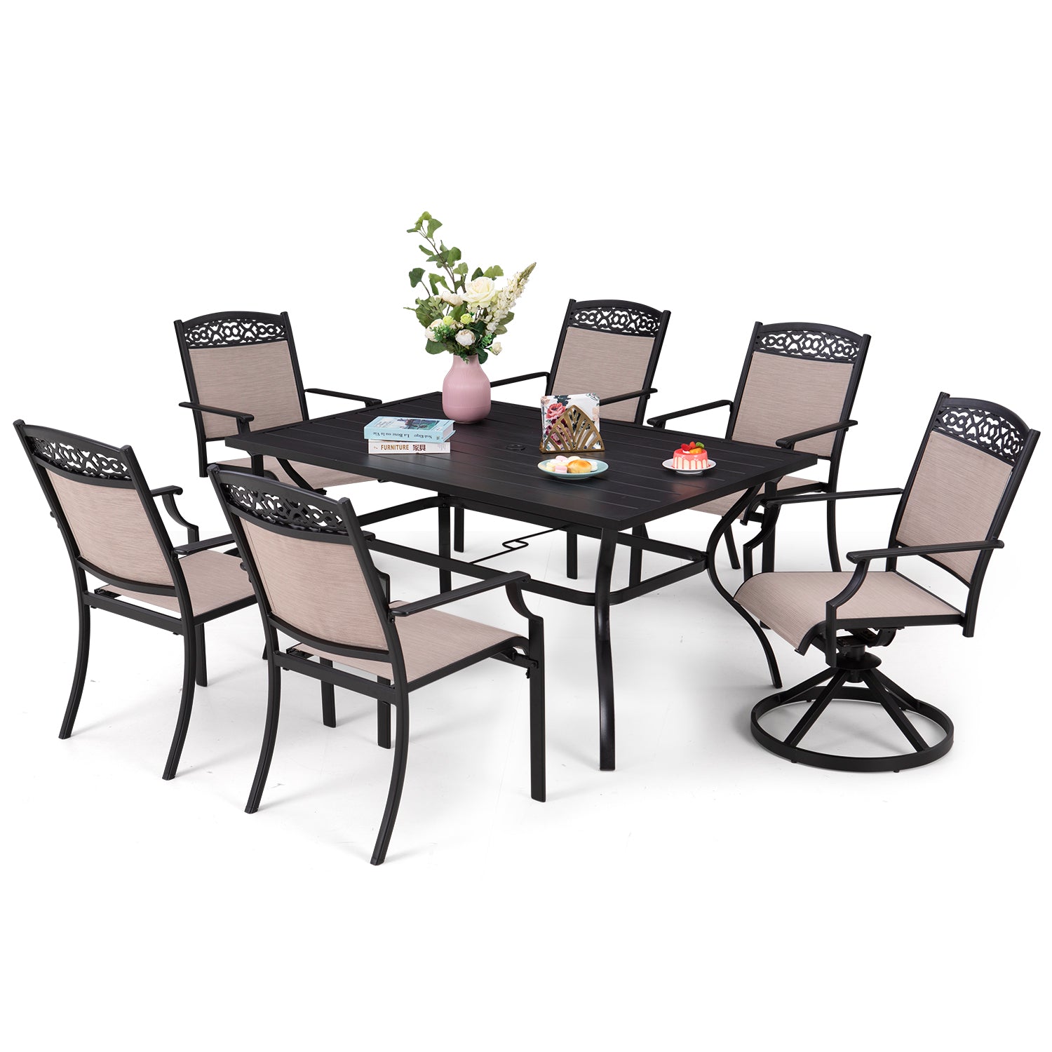 Sophia & William 7-Piece Cast Aluminum Pattern Textilene Dining Chairs & Steel Rectangle Table Outdoor Patio Dining Set