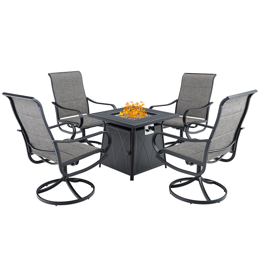 PHI VILLA 5-Piece Patio Dining Set 50,000 BTU Gas Fire Pit Table & 4 Textilene Swivel Chairs