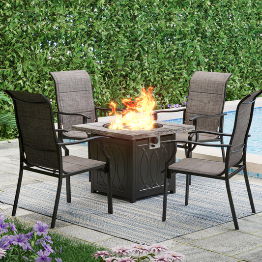 PHI VILLA 5-Piece 32In 50,000BTU TerraFab Gas Fire Pit Table Patio Dining Set with 4 Padded High-back Textilene Dining Chairs