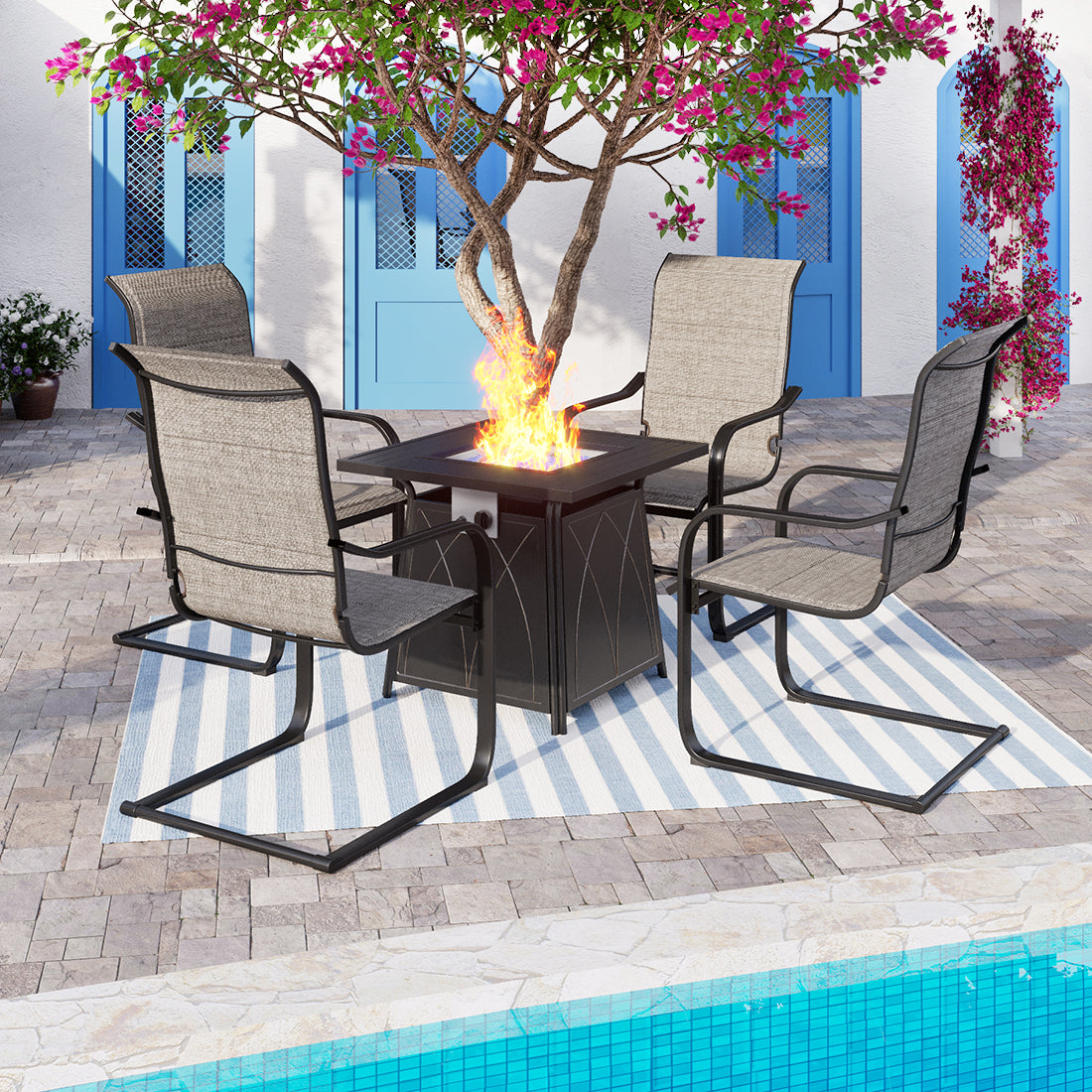 PHI VILLA 5-Piece Patio Dining Set 50,000 BTU Metal Steel Gas Fire Pit  Square Table & 4 Textilene Chairs with Wave Armrests
