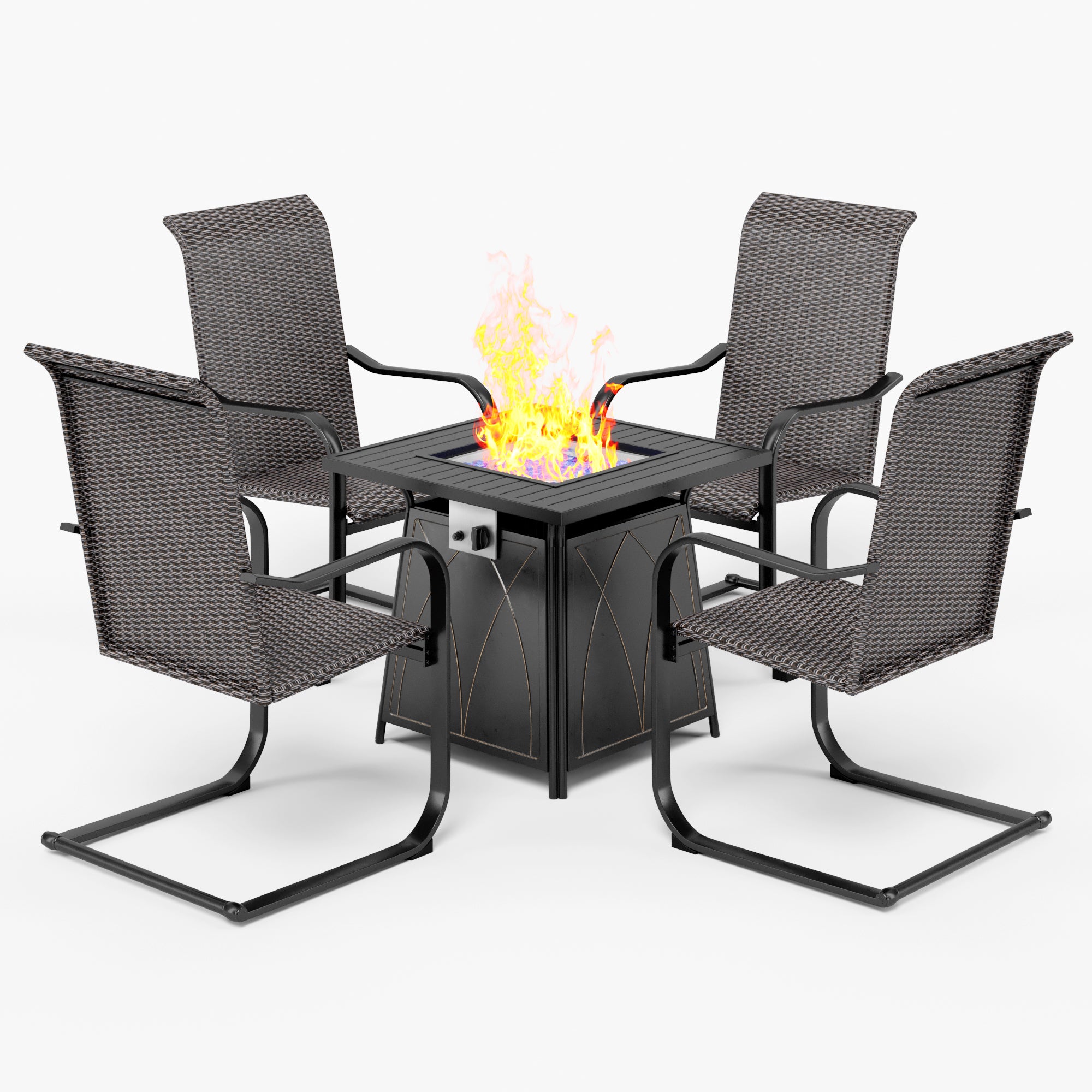Sophia & William 5-Piece Outdoor Dining Set 50,000 BTU Gas Fire Pit Table & 4 Rattan C-spring Chairs