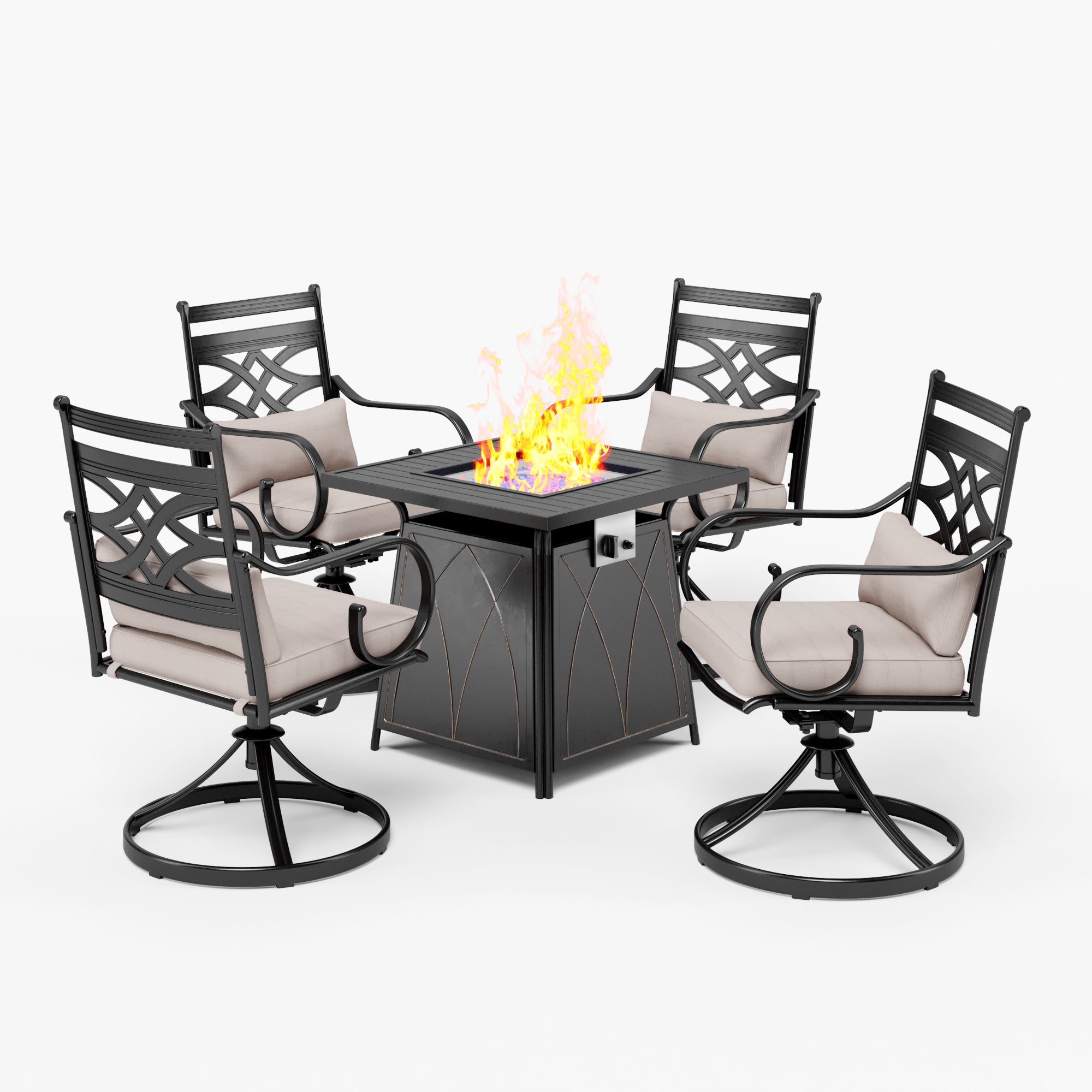 MFSTUDIO 5-Piece Outdoor Dining Set Gas Fire Pit Table & Elegant Cast Iron Pattern Dining Chairs