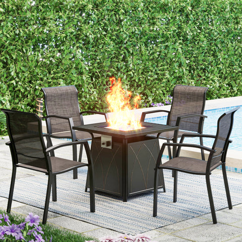PHI VILLA 5-Piece 28" Gas Fire Pit Table & Simple Aluminum Textilene Fixed Chairs Patio Dining Set