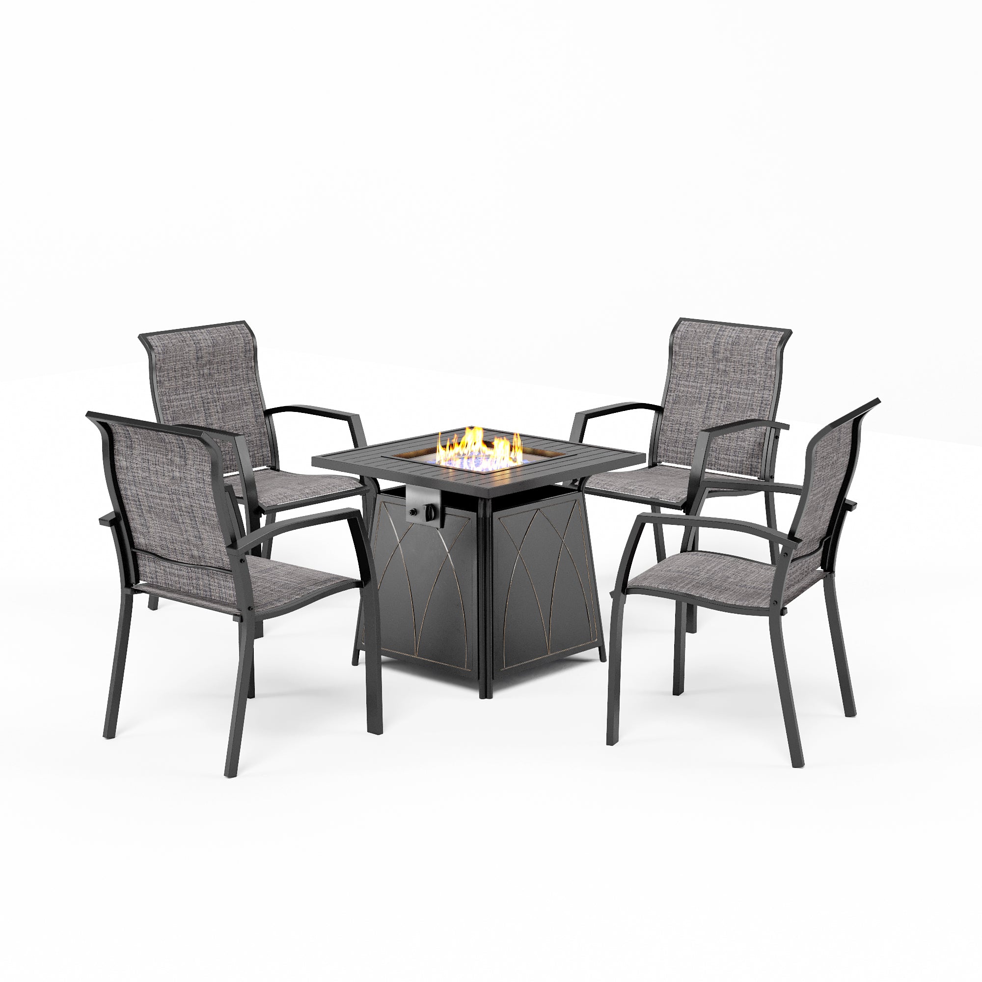 PHI VILLA 5-Piece 28" Gas Fire Pit Table & Simple Aluminum Textilene Fixed Chairs Patio Dining Set