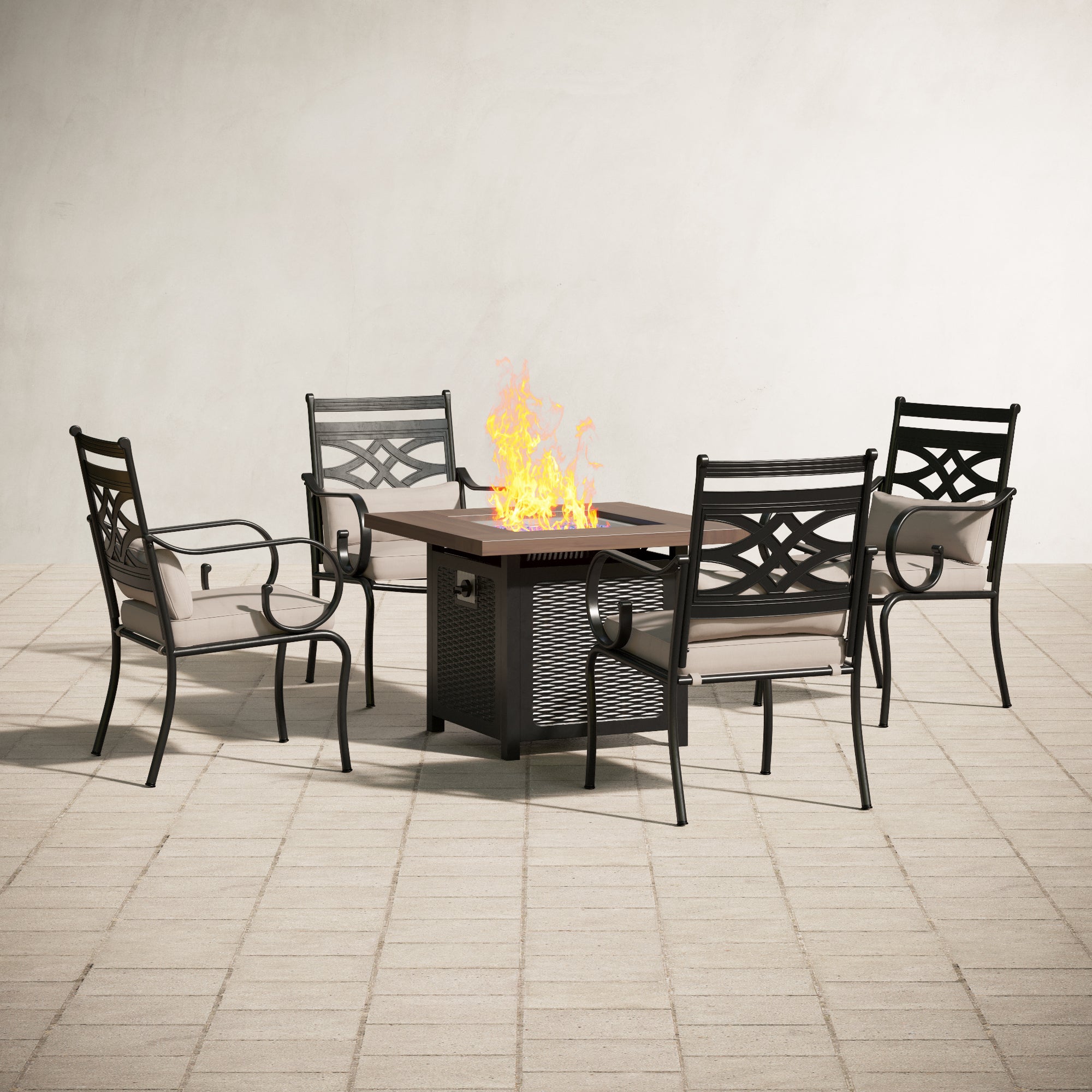 MFSTUDIO 5-Piece Outdoor Dining Set Wood-look Gas Fire Pit Table & Elegant Cast Iron Pattern Dining Chairs