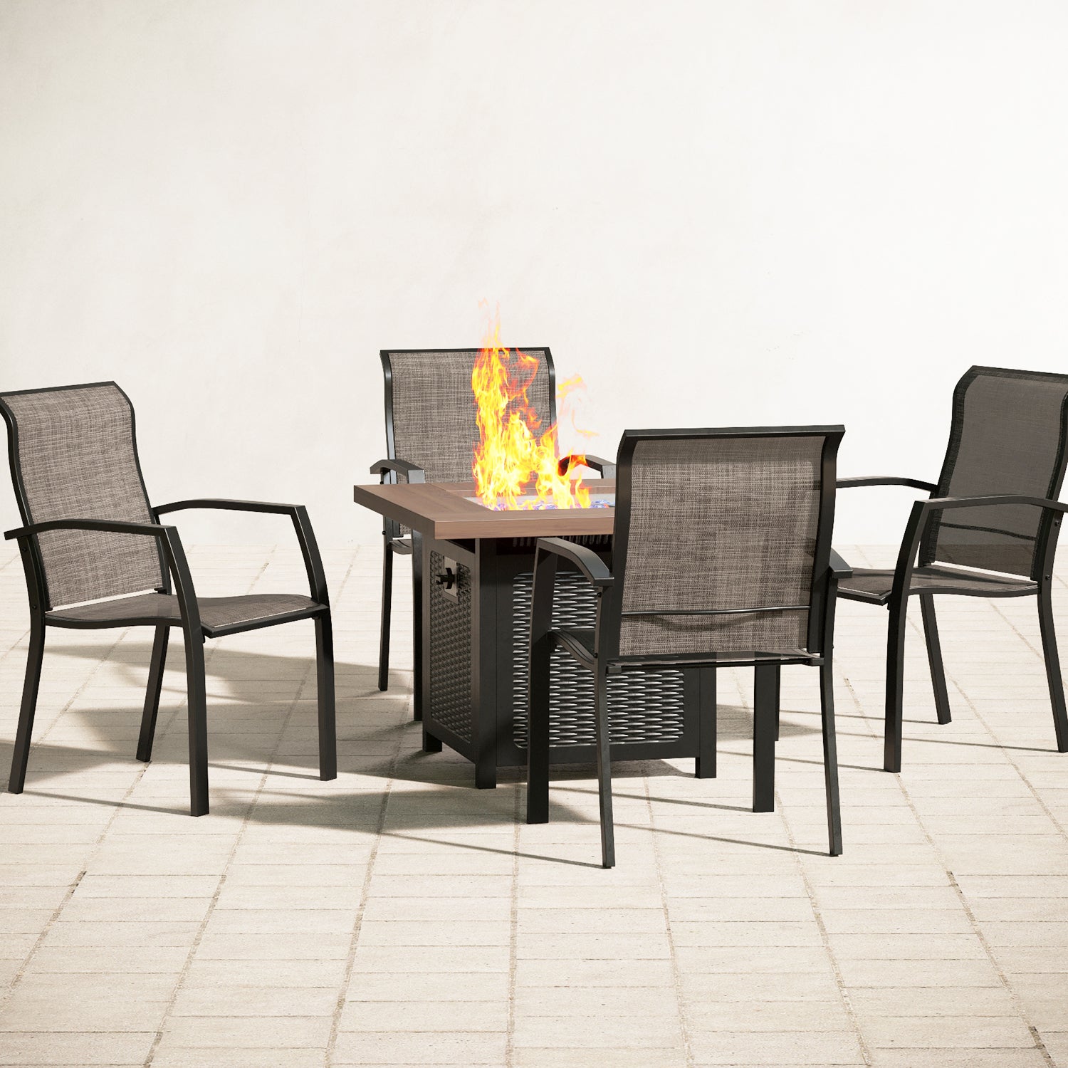 PHI VILLA 5-Piece 34" Wood-look Gas Fire Pit Table & Simple Aluminum Textilene Fixed Chairs Patio Dining Set