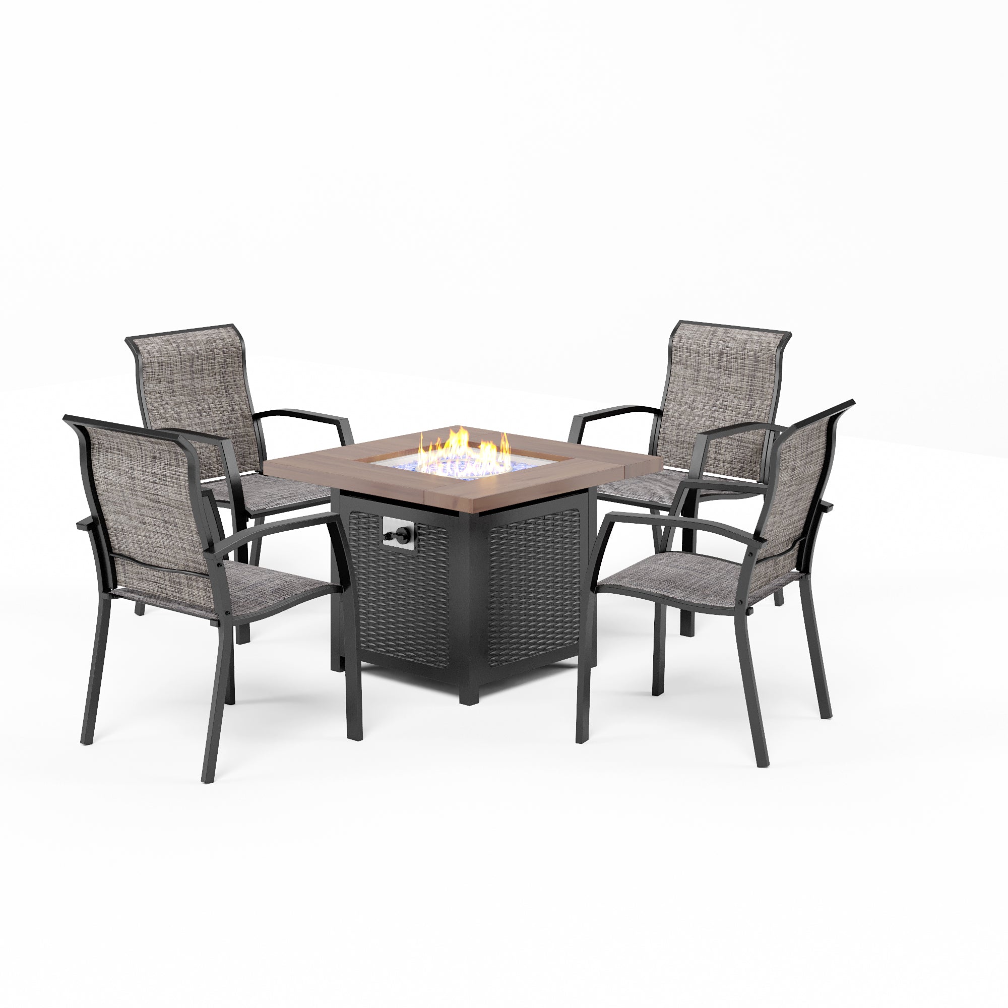 PHI VILLA 5-Piece 34" Wood-look Gas Fire Pit Table & Simple Aluminum Textilene Fixed Chairs Patio Dining Set