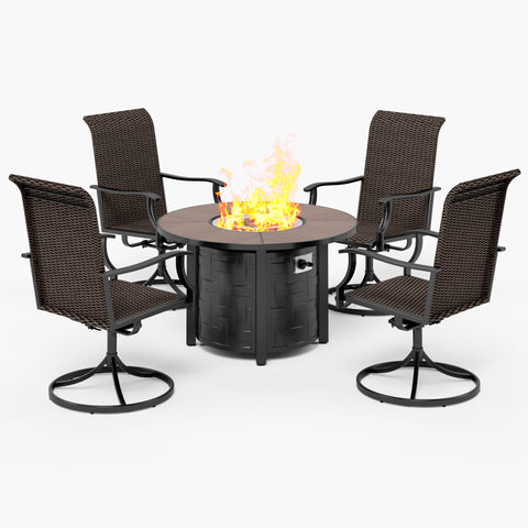 PHI VILLA 5-Piece Fire Pit Table Patio Dining Set with Rattan High Back Swivel Chairs