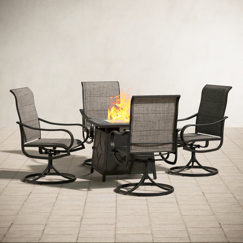 PHI VILLA 5-Piece Patio Set 28" Square TerraFab Fire Pit Table & 4 Textilene Swivel Chairs