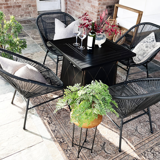 Sophia & William 5 Piece Patio Dining Set 50,000BTU Metal Gas Fire Pit Table Woven Rattan Chairs