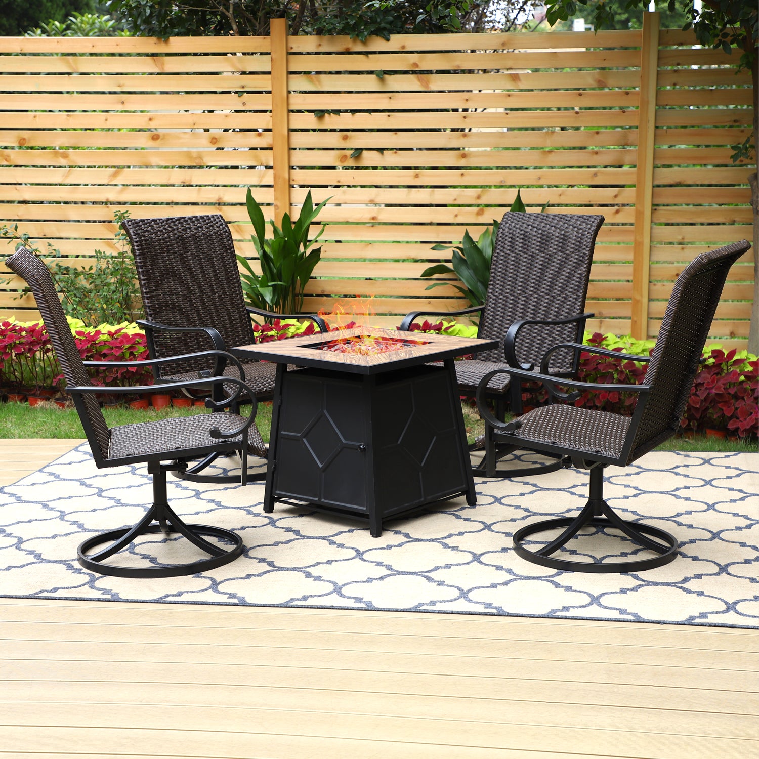 PHI VILLA 5-Piece TerraFab Fire Pit Table Patio Dining Set 28 Inch 40,000BTU Fire Pit Table & Classic Brown Rattan Chairs