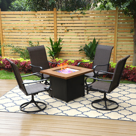 PHI VILLA 5-Piece Outdoor Dining Set Rattan Swivel Chairs & Wood-look Square Gas Fire Pit Table