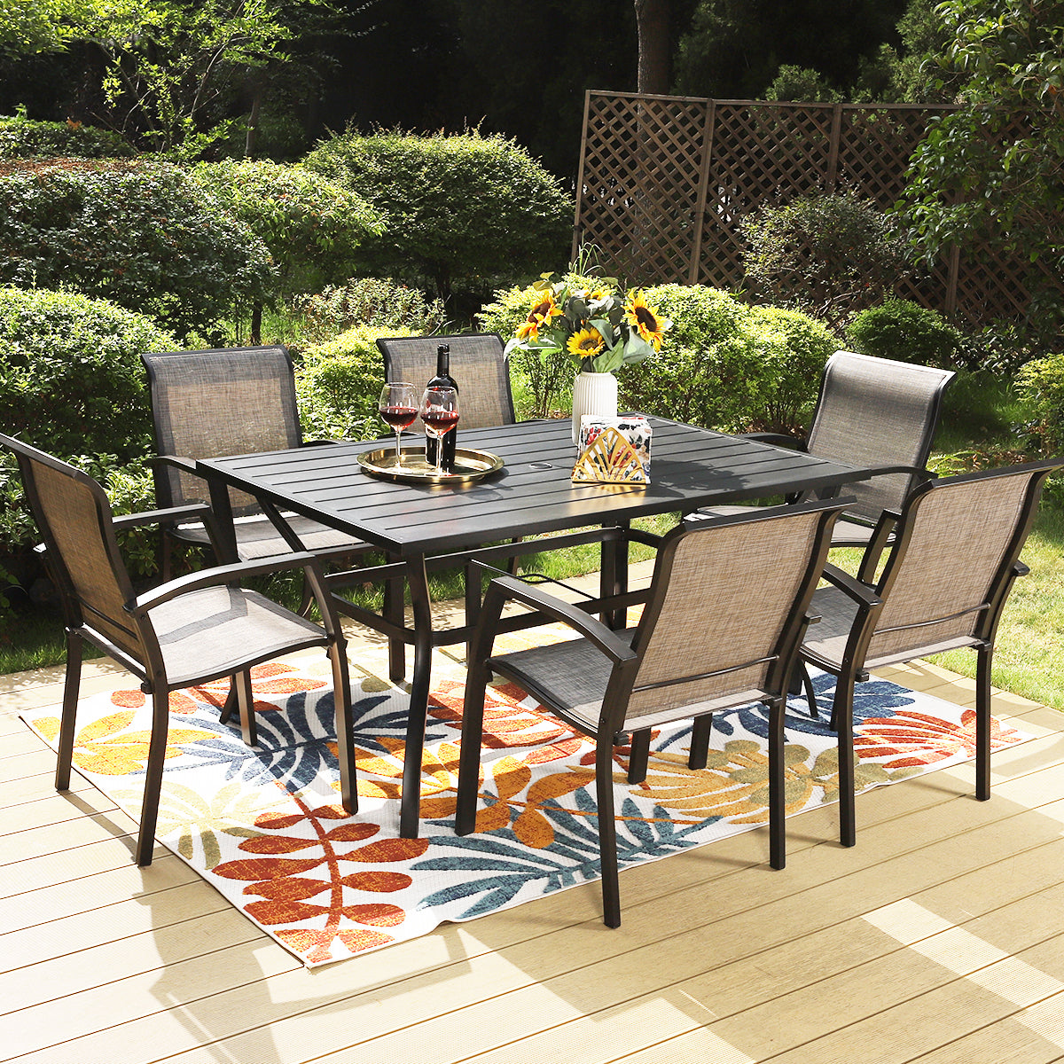 MFSTUDIO 7-Piece Steel Rectangle Table & Simple Aluminum Textilene Fixed Chairs Patio Dining Set