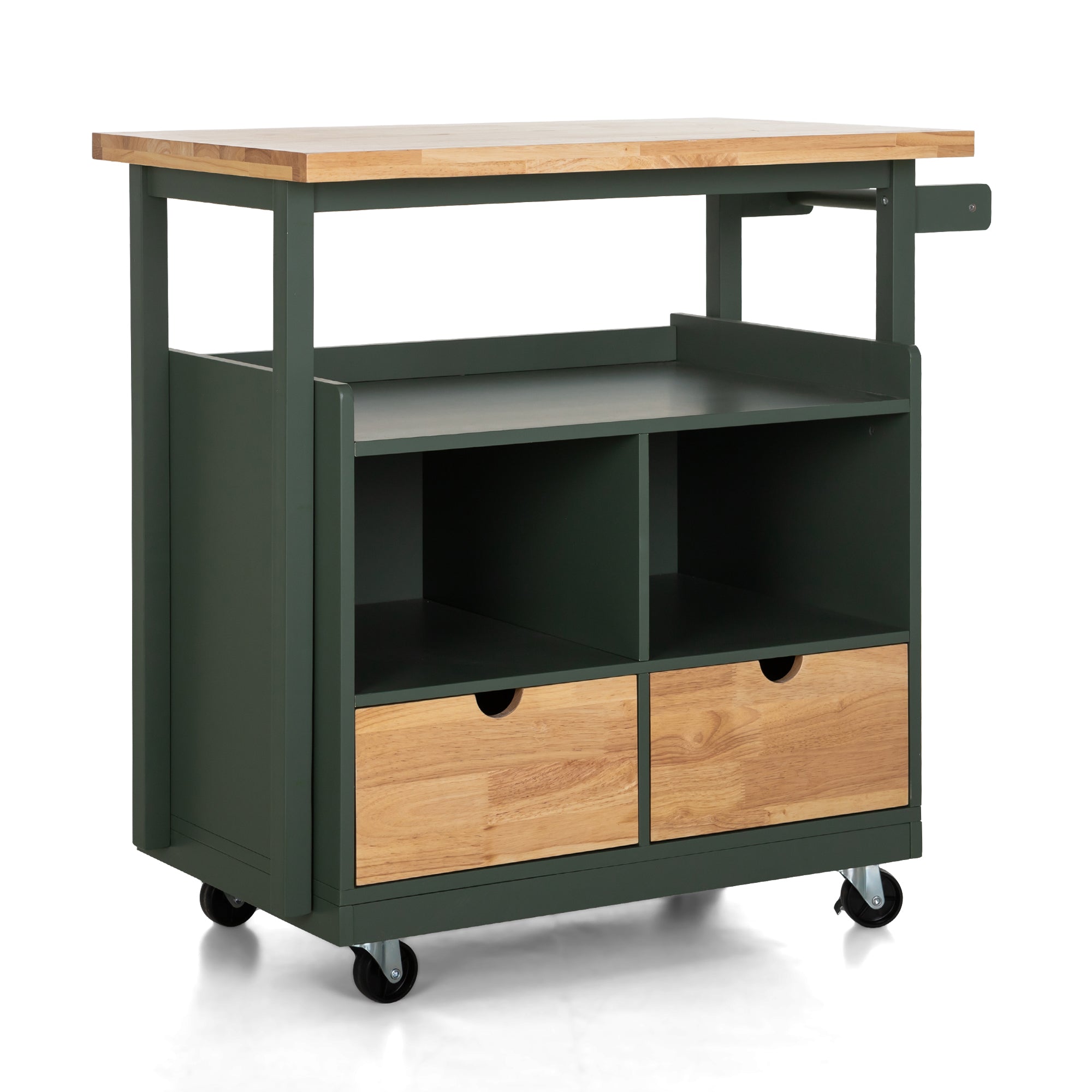 PHI VILLA Rubber Wood Tabletop Kitchen Island Cart with Drawers and Towel Rack, Green
