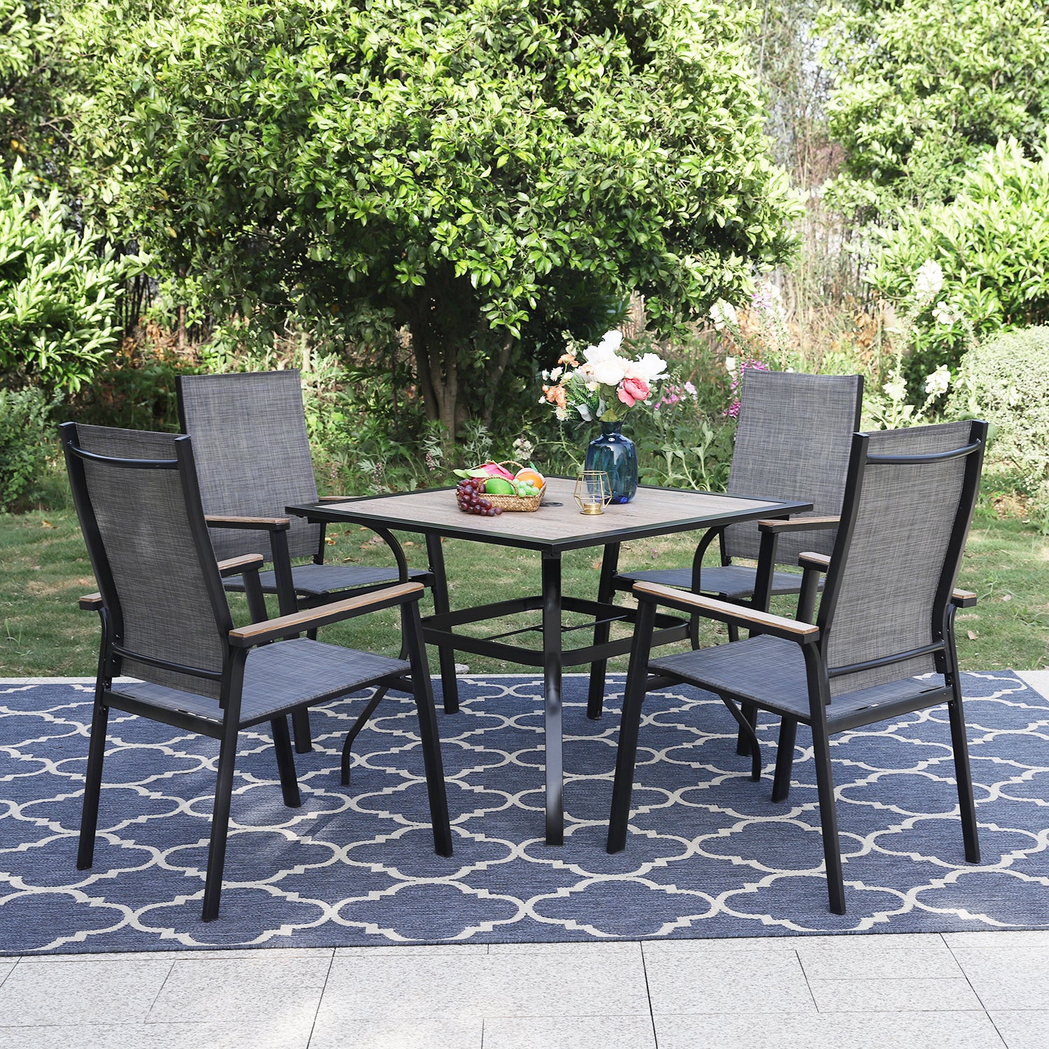 PHI VILLA Wood-look Square Table & 4 Textilene Fixed Chairs 5-Piece Outdoor Dining Set