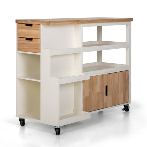 PHI VILLA Rubber Wood Tabletop Kitchen Island Cart with Side Drawers and Shelves, Warm White