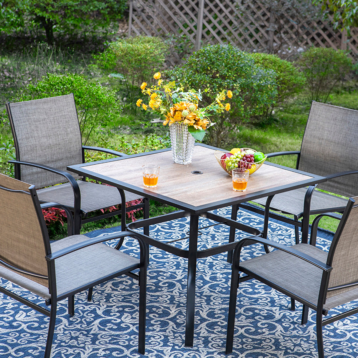 Sophia & William 5-Piece Patio Dining Sets Wood-look Square Table & Light Textilene Fixed Chair