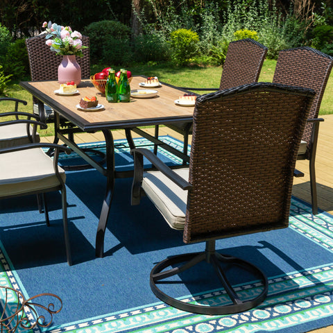 Sophia & William 7-Piece Patio Dining Set Wood-look PVC Rectangle Steel Table & Fan-shape Rattan Chairs