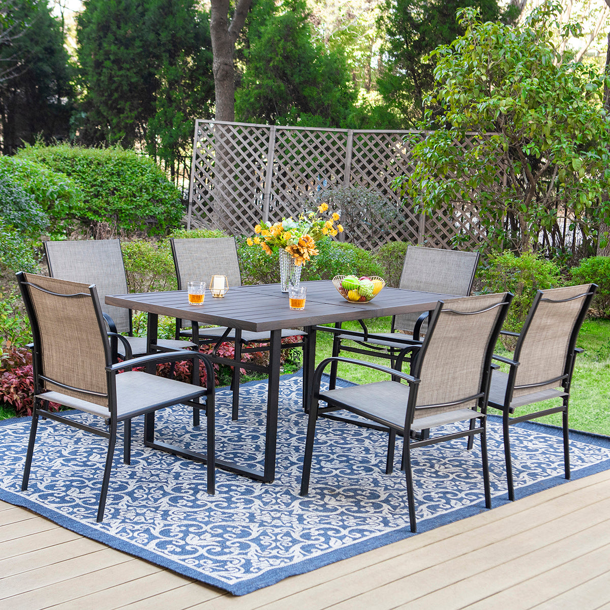 Sophia & William 7-Piece Patio Dining Set Printed Wood-grain Table & Light Textilene Fixed Chairs