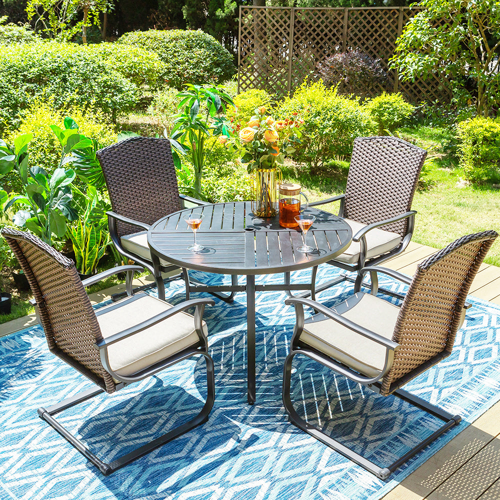 Sophia & William 5-Piece Patio Dining Set Geometric Stamped Round Table & Rattan Fan-shaped C-spring Chairs