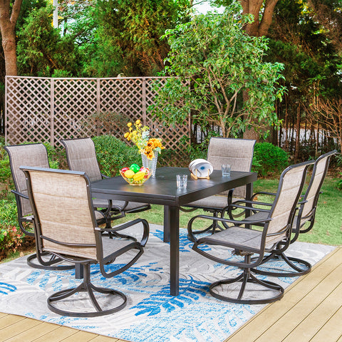 PHI VILLA 9/7-Piece Patio Dining Sets Extendable Table with Engraved Line &  Textilene Patio Swivel Chairs