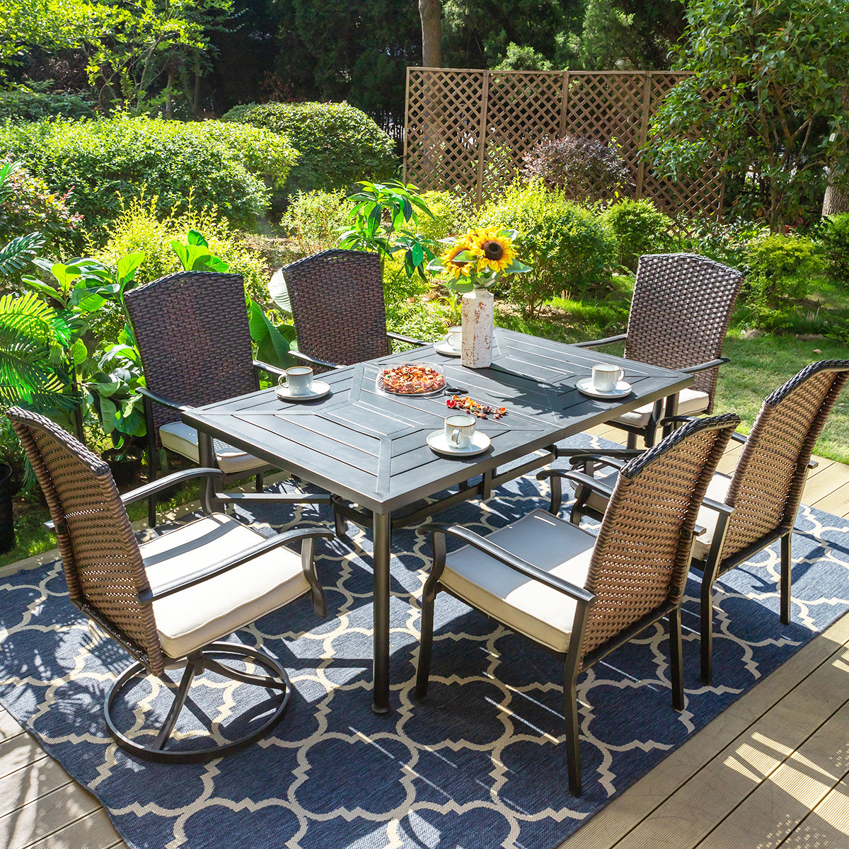 Sophia & William 7-Piece Patio Dining Set Fan-shape Rattan Chairs & Geometrically Stamped Rectangle Table