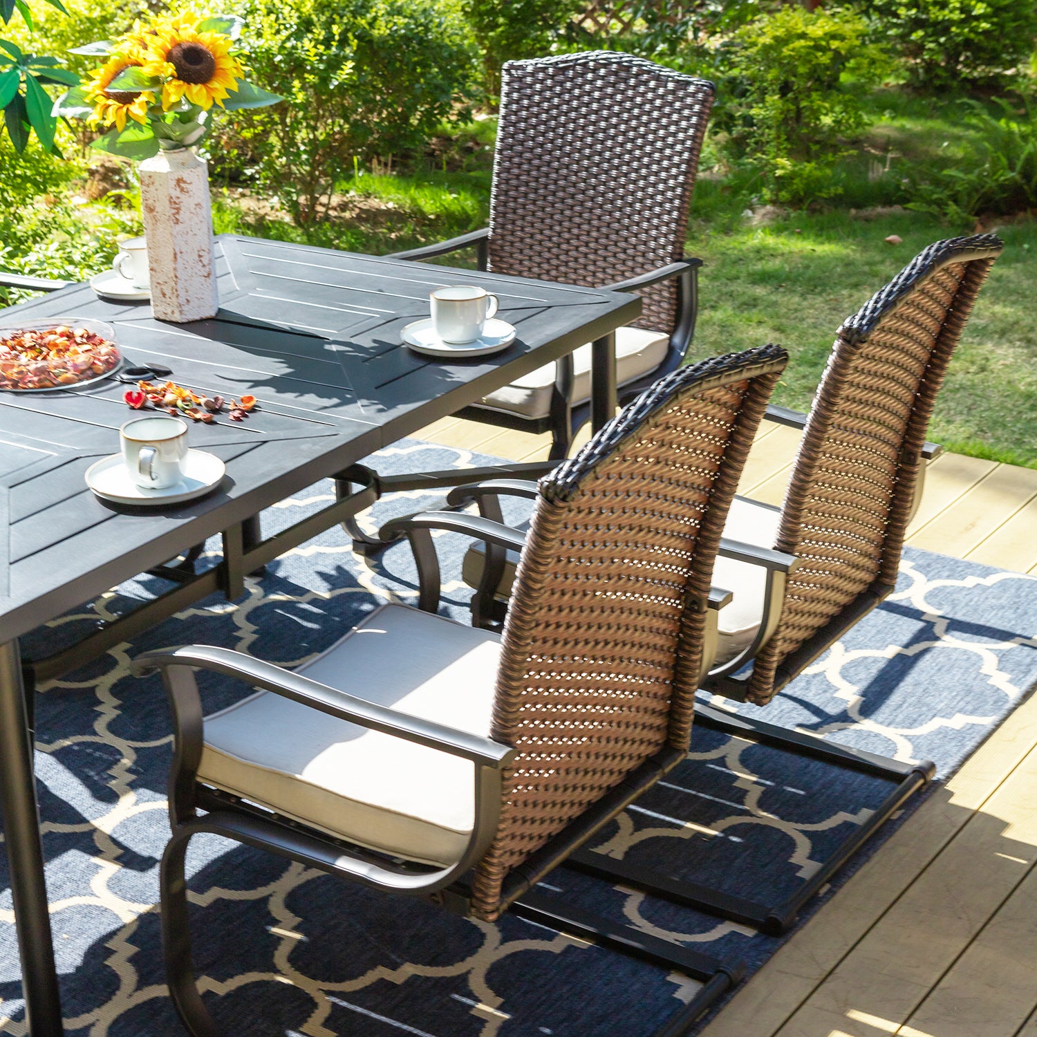Sophia & William 7-Piece Patio Dining Set Fan-shape Rattan Back C-spring Chairs & Rectangle Geometrically Stamped Table