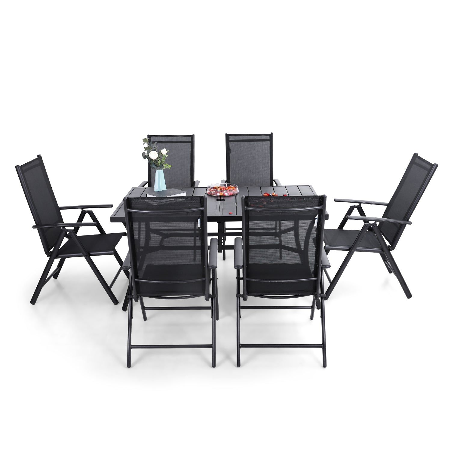 Sophia & William 7PC Steel Panel Rectangle Table & 6 Textilene Reclining Foldable Chairs Patio Outdoor Dining Set