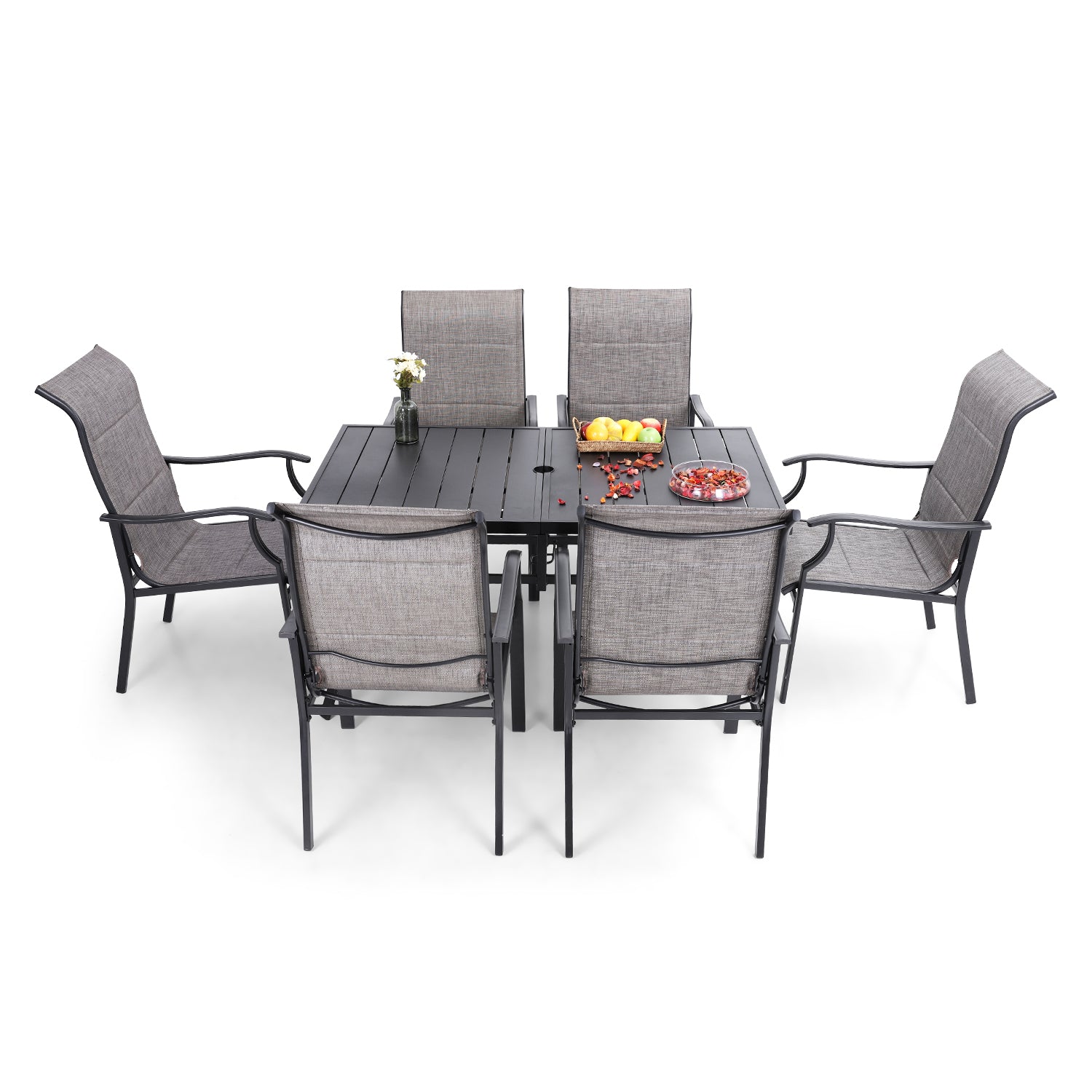 PHI VILLA 7-Piece Patio Dining Set Padded Textilene Chairs with Wave Arms & Steel Panel Table