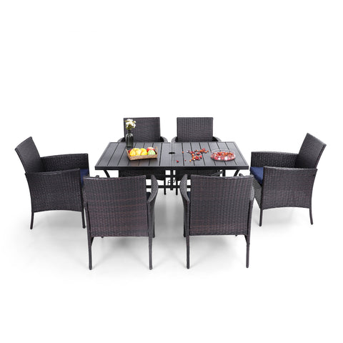 PHI VILLA 7-Piece Rattan Steel Cushioned Patio Chairs & Steel Panel Table Outdoor Dining Set