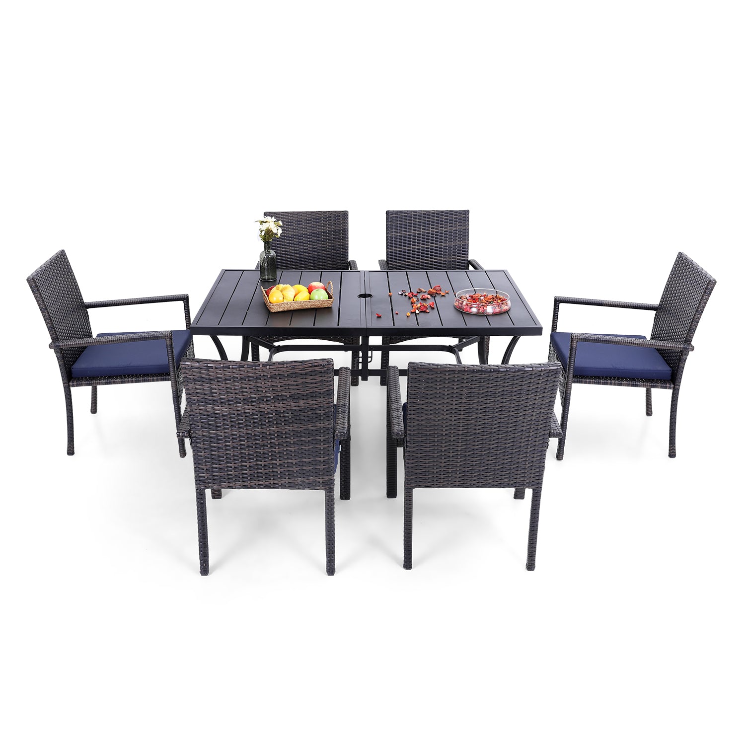 PHI VILLA 7-Piece Rattan Steel Cushioned Patio Chairs & Steel Panel Table Outdoor Dining Set