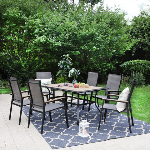 PHI VILLA Wood-look Rectangle Table & 6 Textilene Fixed Chairs 7-Piece Outdoor Dining Set