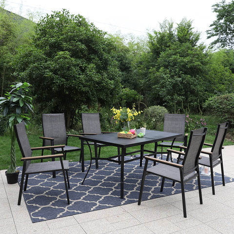 PHI VILLA 7-Piece Steel Panel Table & Textilene Dining Chairs Patio Outdoor Dining Set