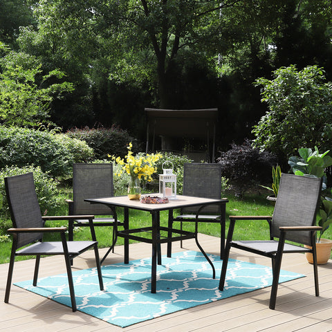 PHI VILLA Wood-look Square Table & 4 Textilene Fixed Chairs 5-Piece Outdoor Dining Set