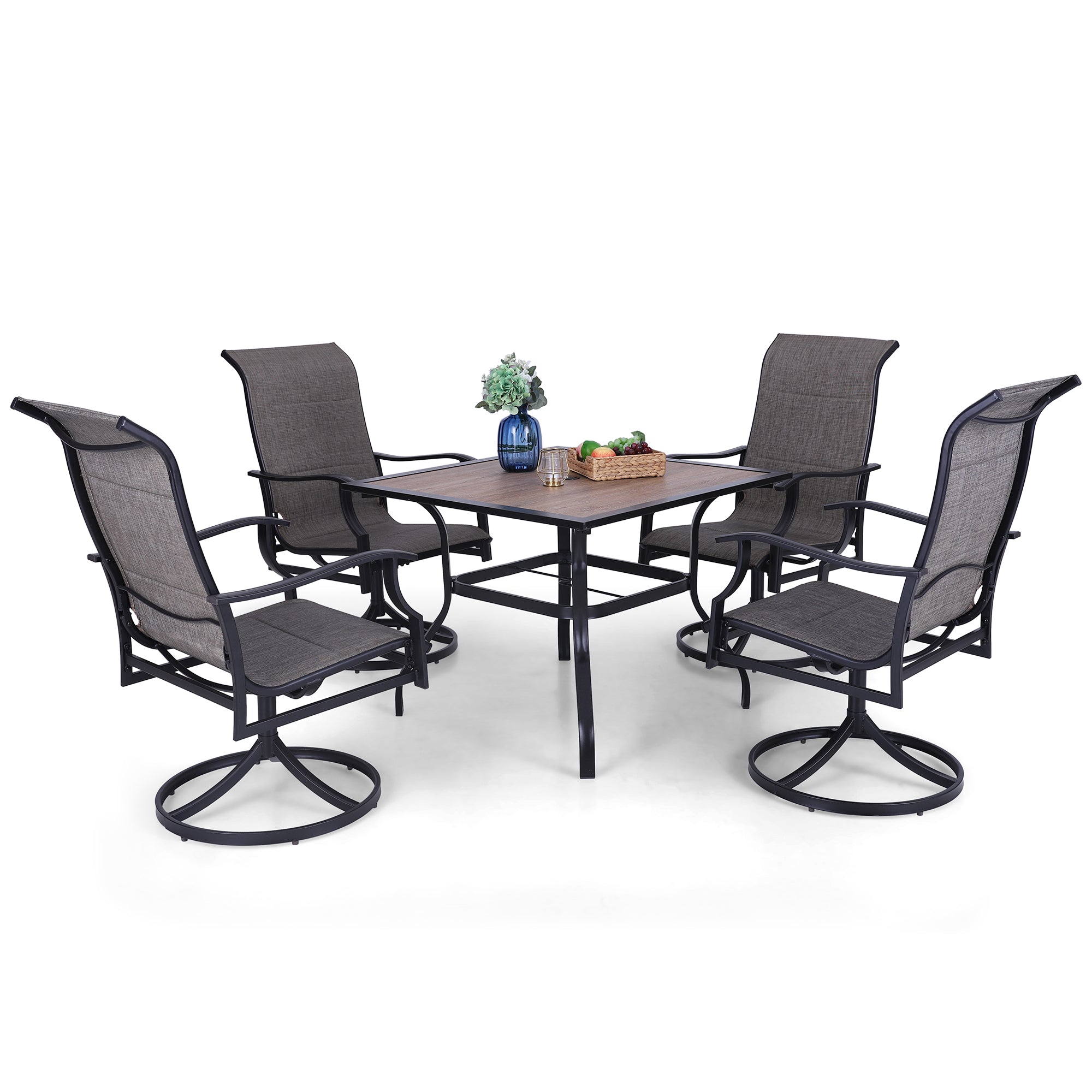 PHI VILLA Wood-look Table & 4 Textilene Swivel Chairs5-Piece Outdoor Patio Dining Set