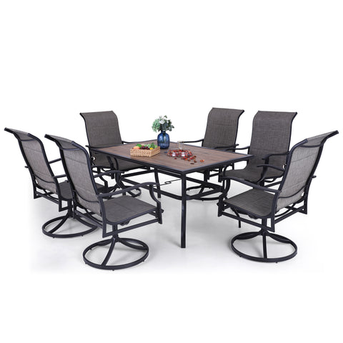 PHI VILLA 7-Piece Metal Outdoor Dining Set Wood-look Table and 6 Textilene Swivel Chairs