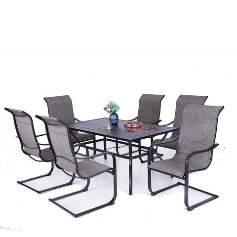 MFSTUDIO 7-Piece Set Steel Rectangle Table & Textilene C-Spring Chairs Patio Dining Set