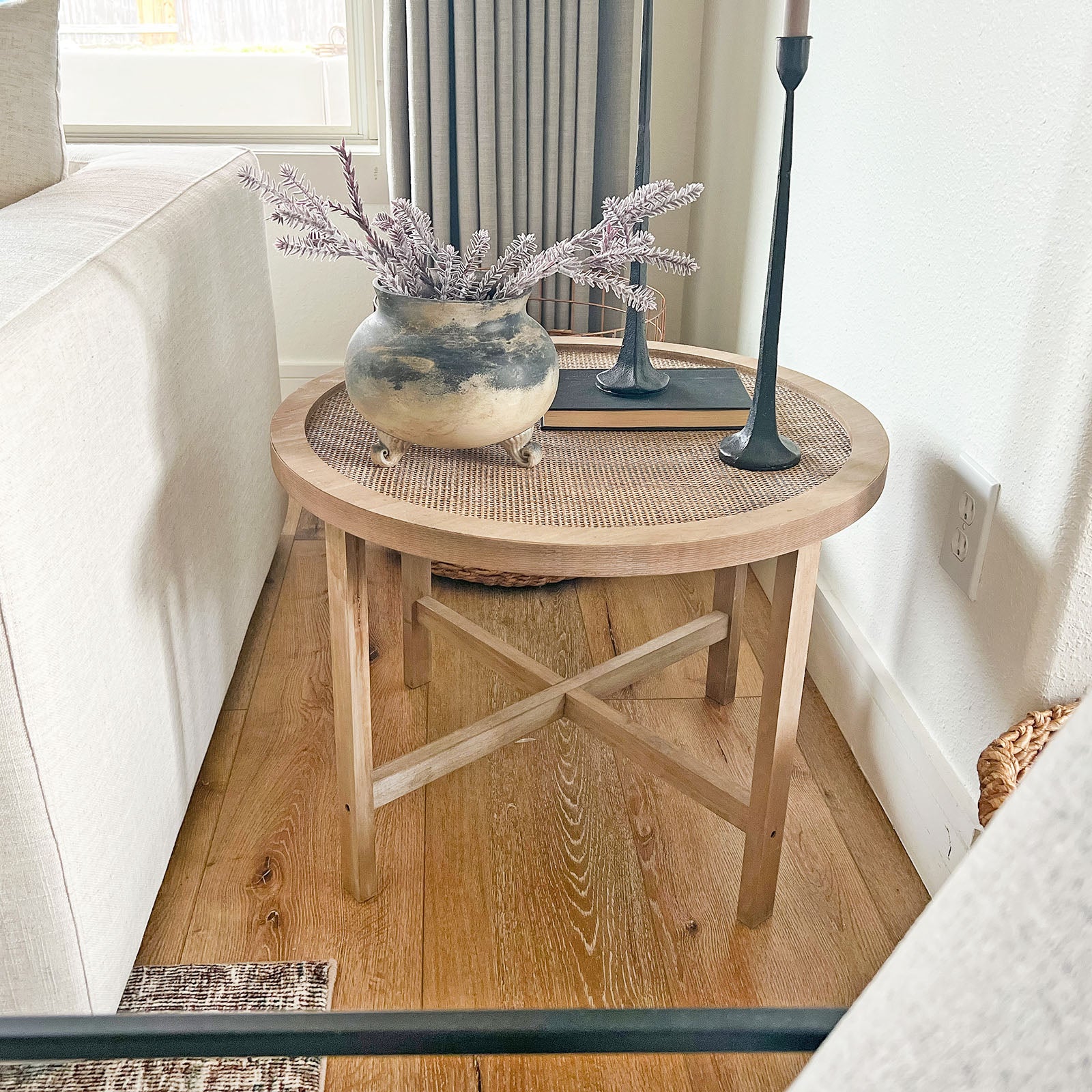 PHI VILLA Rattan Side Table, Wood Frame End Table for Living Room