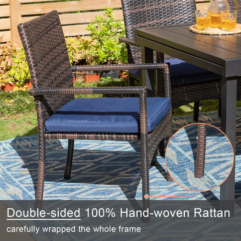 MFSTUDIO Wood-Look PVC Table and 4 Rattan Chairs with Cushions 5-Piece Patio Dining Set
